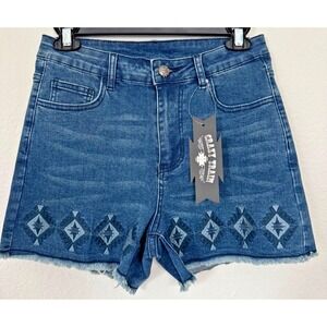 Crazy Train Shorts Medium Denim Blue Jean Western Shorts Aztec Design Raw Hem‎